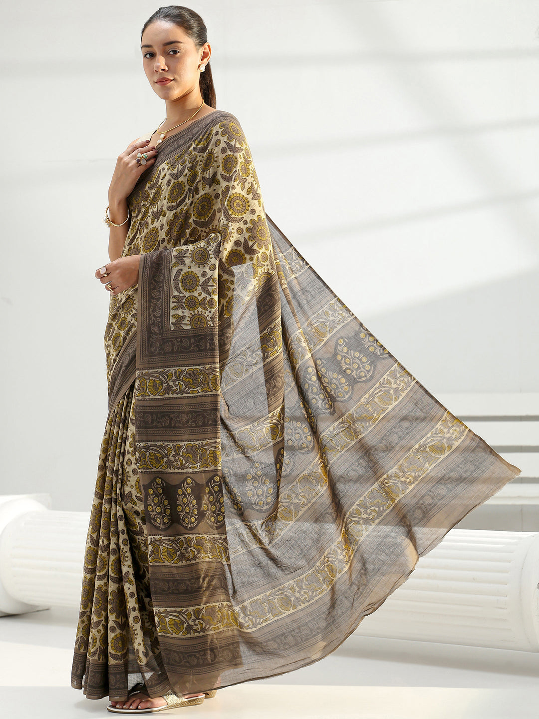 Green Block Printed Cotton Saree