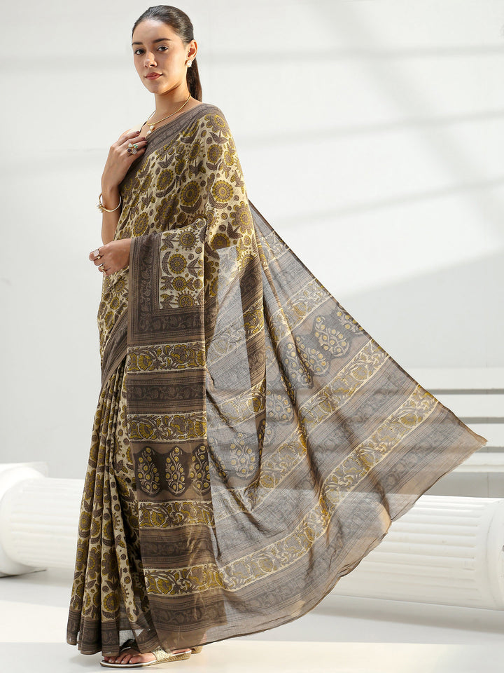 Green Block Printed Cotton Saree