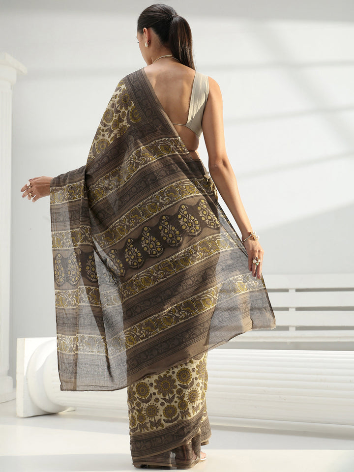 Green Block Printed Cotton Saree