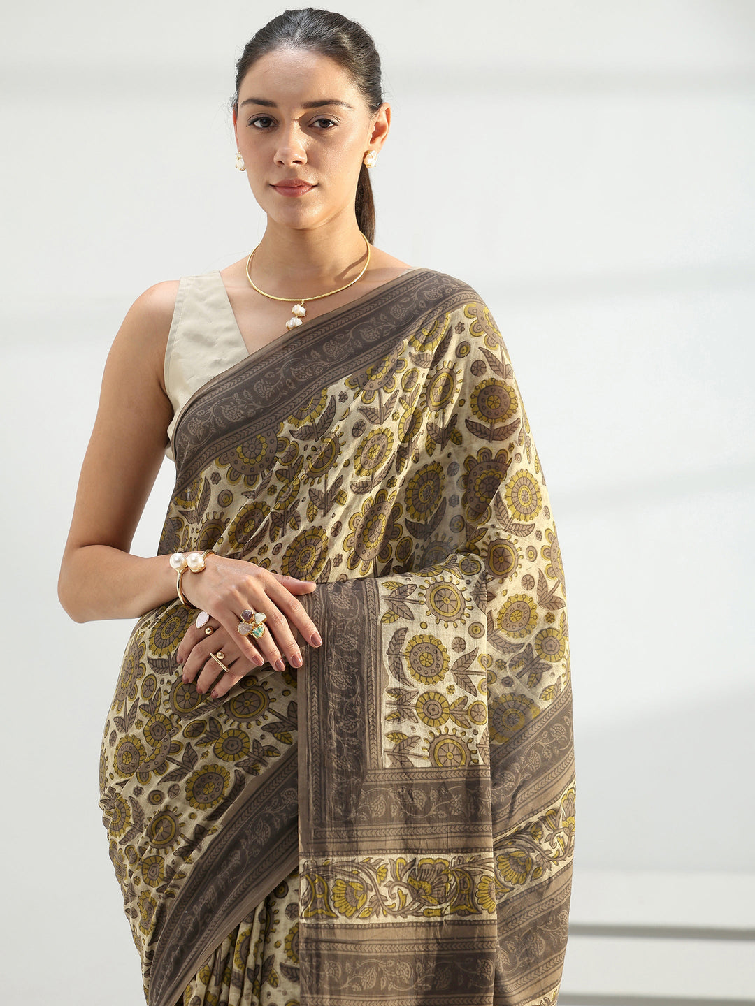 Green Block Printed Cotton Saree