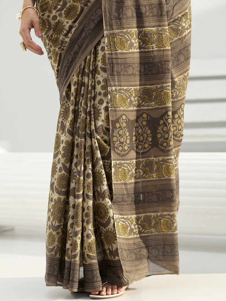 Green Block Printed Cotton Saree