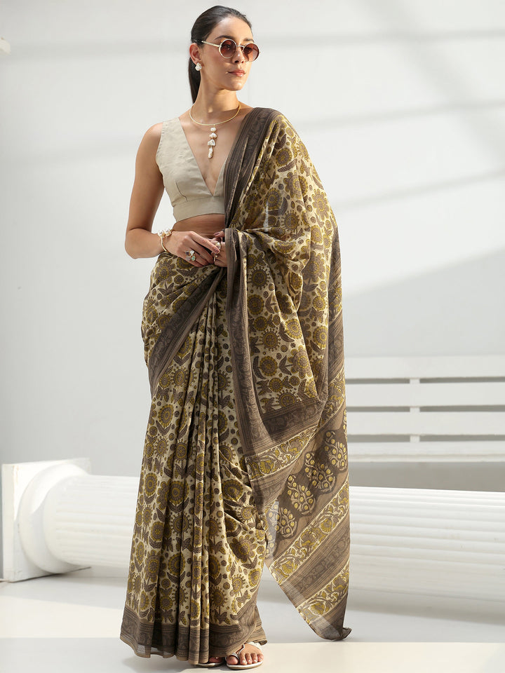 Green Block Printed Cotton Saree