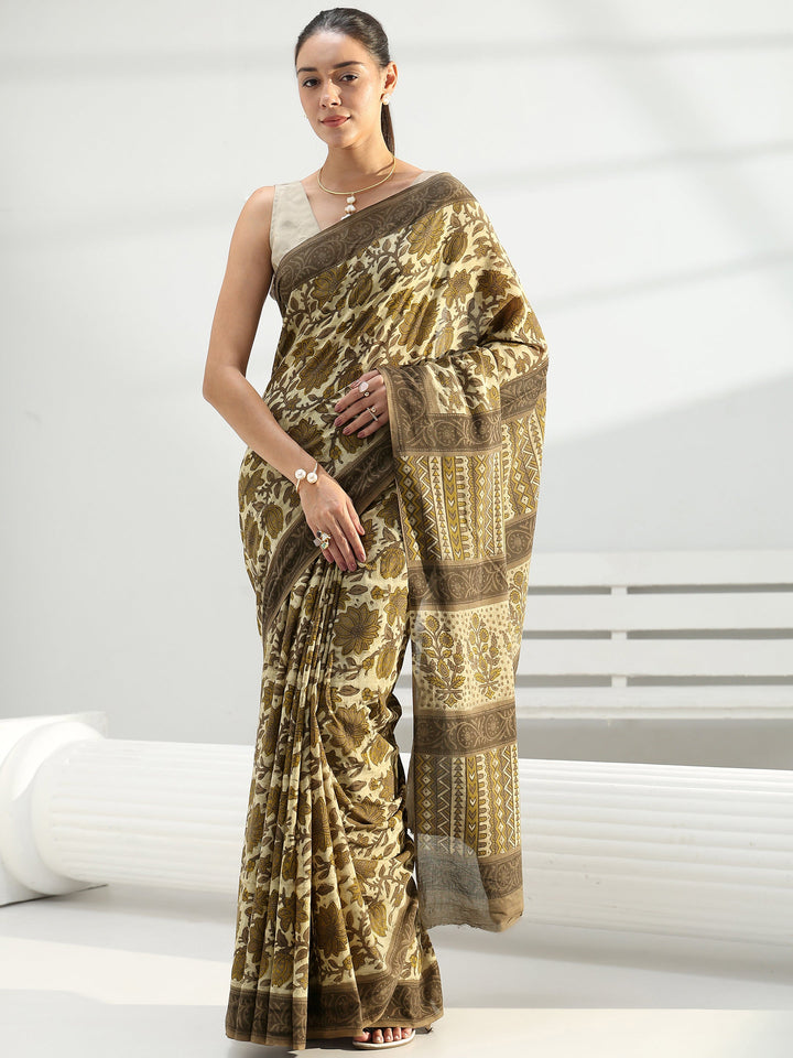 Green Block Printed Cotton Saree