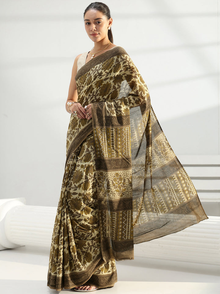 Green Block Printed Cotton Saree