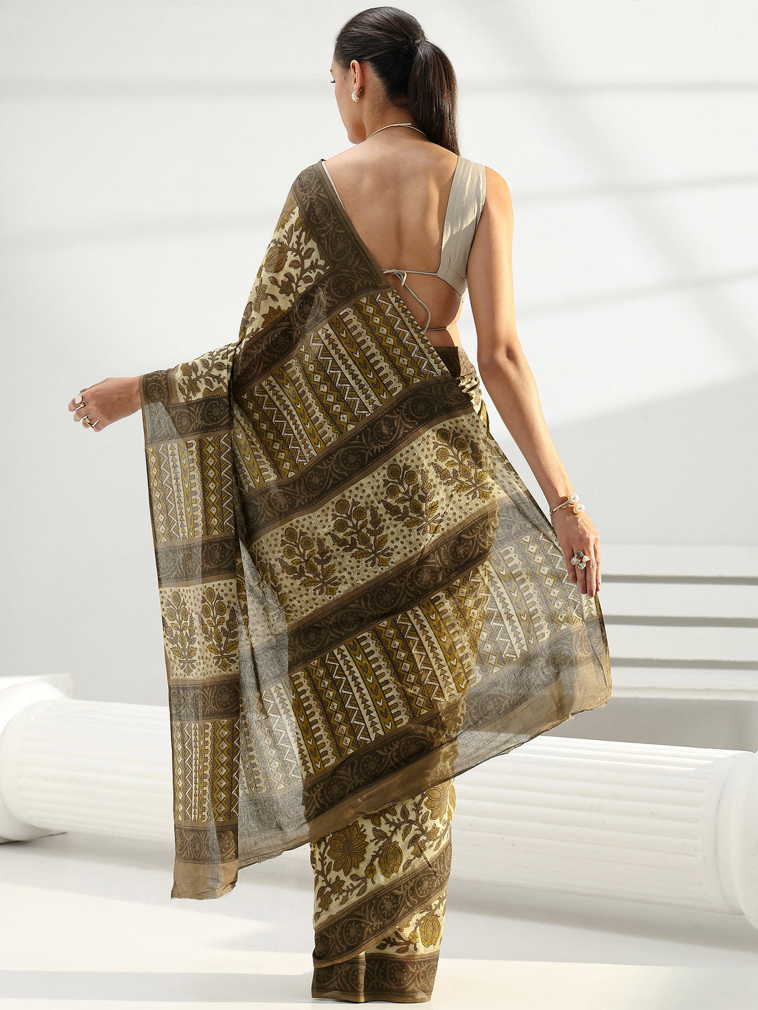 Green Block Printed Cotton Saree