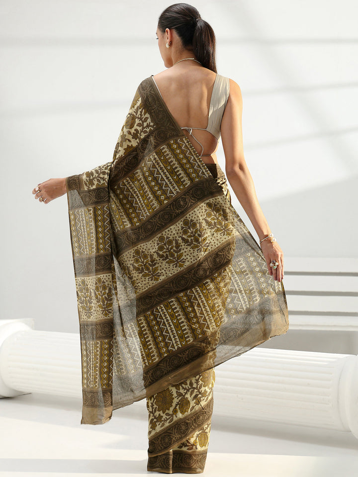 Green Block Printed Cotton Saree