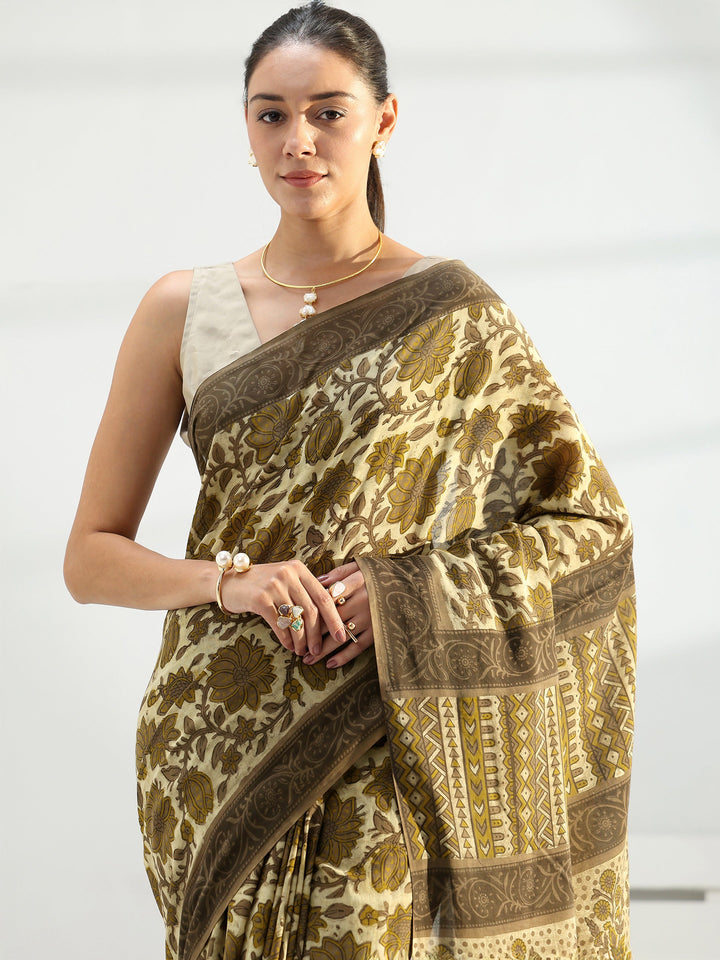 Green Block Printed Cotton Saree