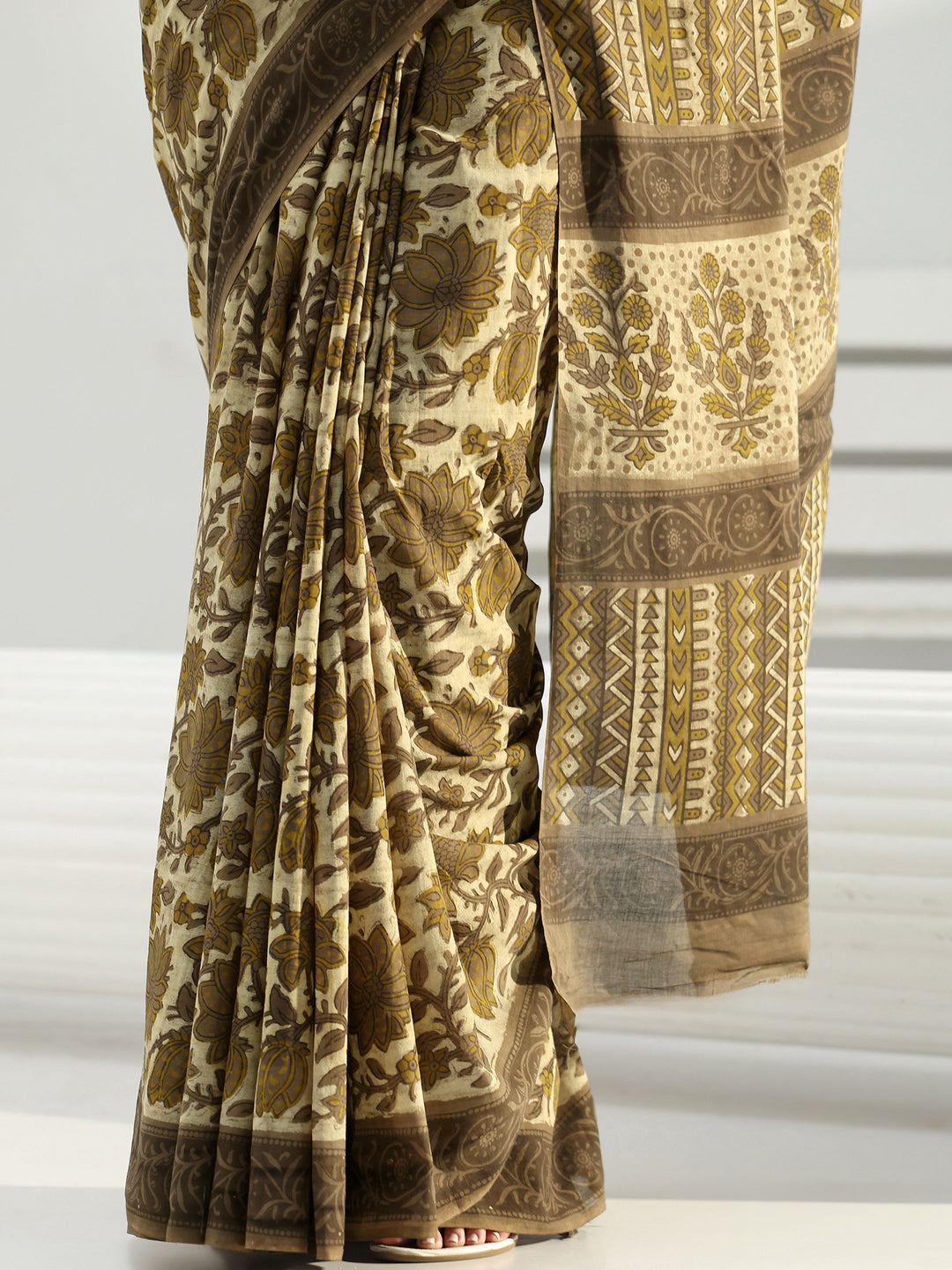 Green Block Printed Cotton Saree