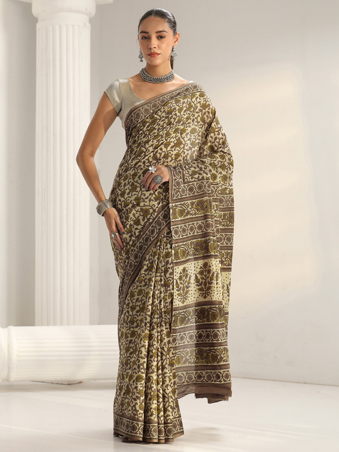 Green Floral Printed Cotton Saree