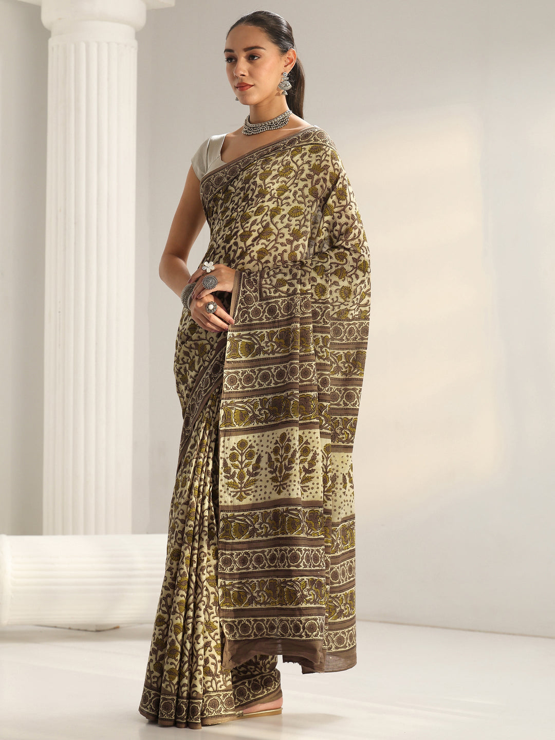 Green Floral Printed Cotton Saree
