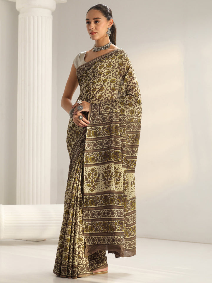 Green Floral Printed Cotton Saree