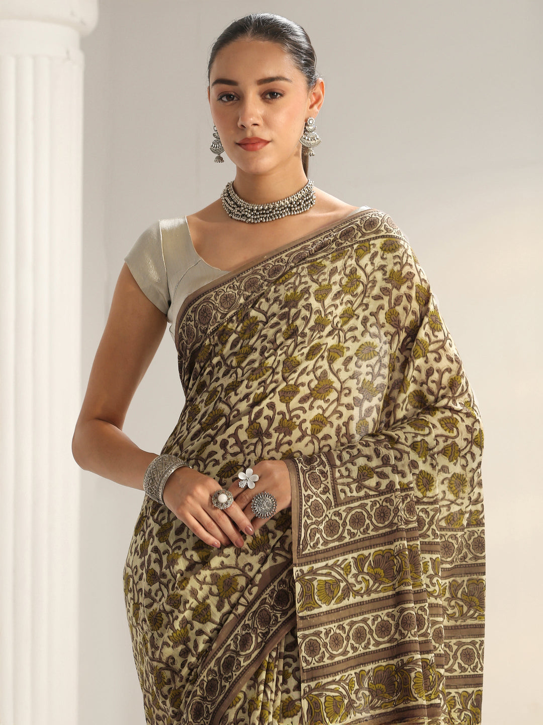 Green Floral Printed Cotton Saree