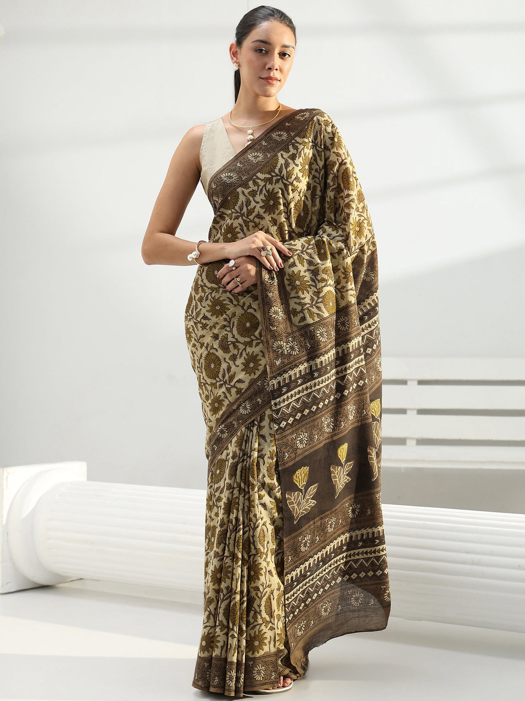 Green Block Printed Cotton Saree