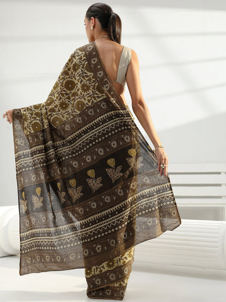 Green Block Printed Cotton Saree