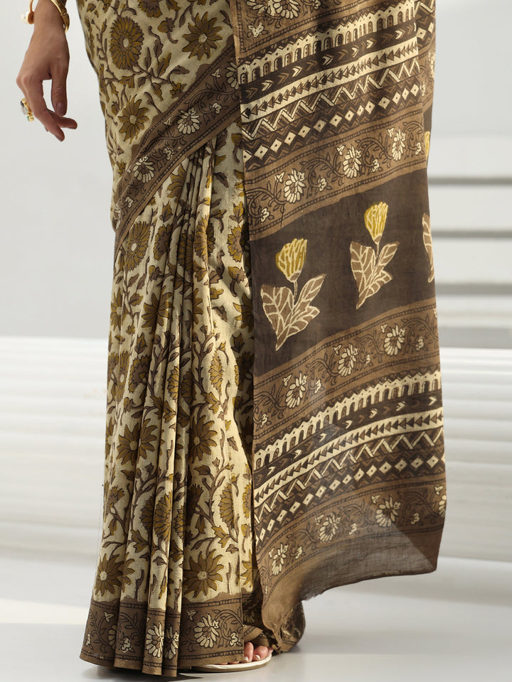 Green Block Printed Cotton Saree
