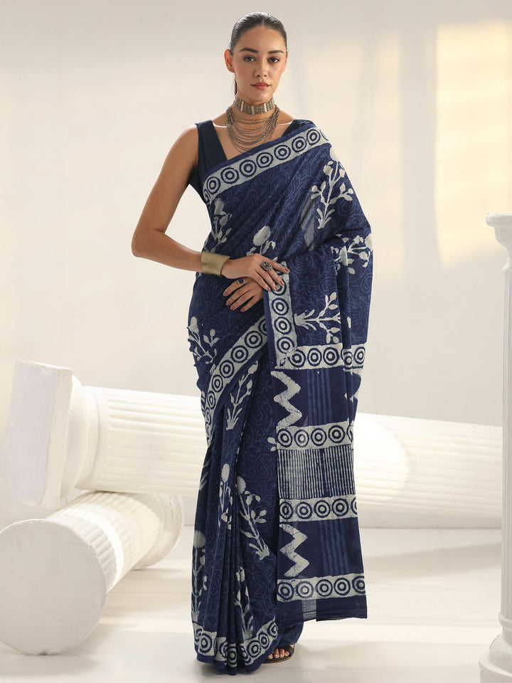 Indigo Floral Printed Cotton Saree