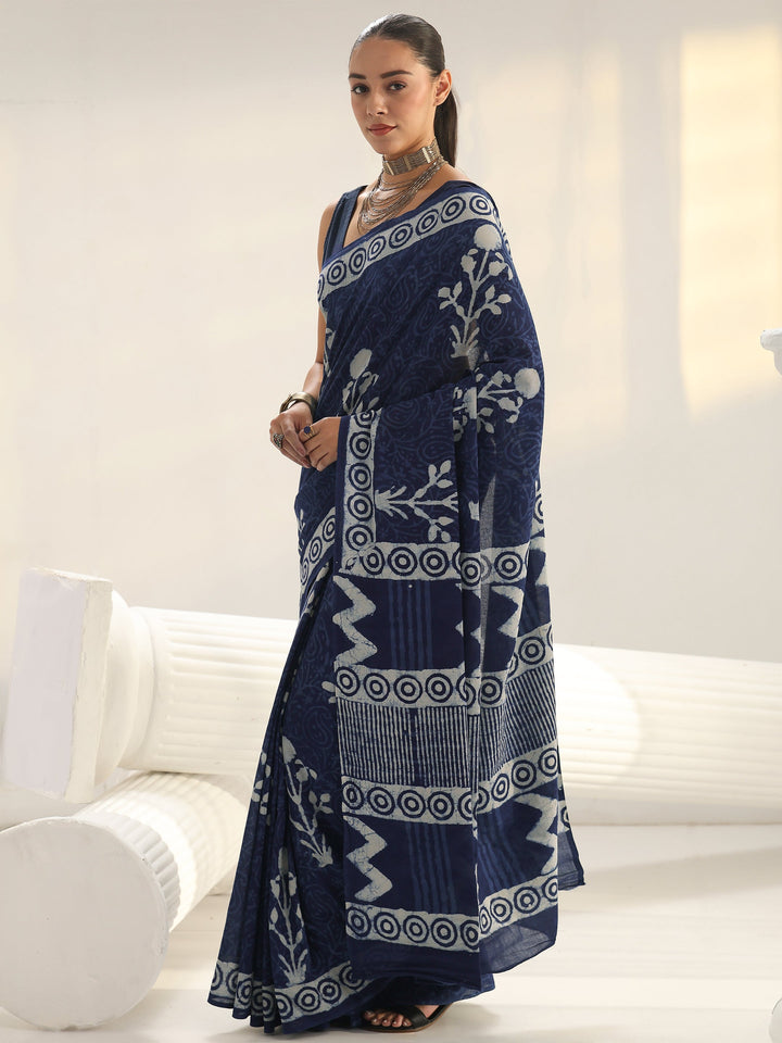 Indigo Floral Printed Cotton Saree