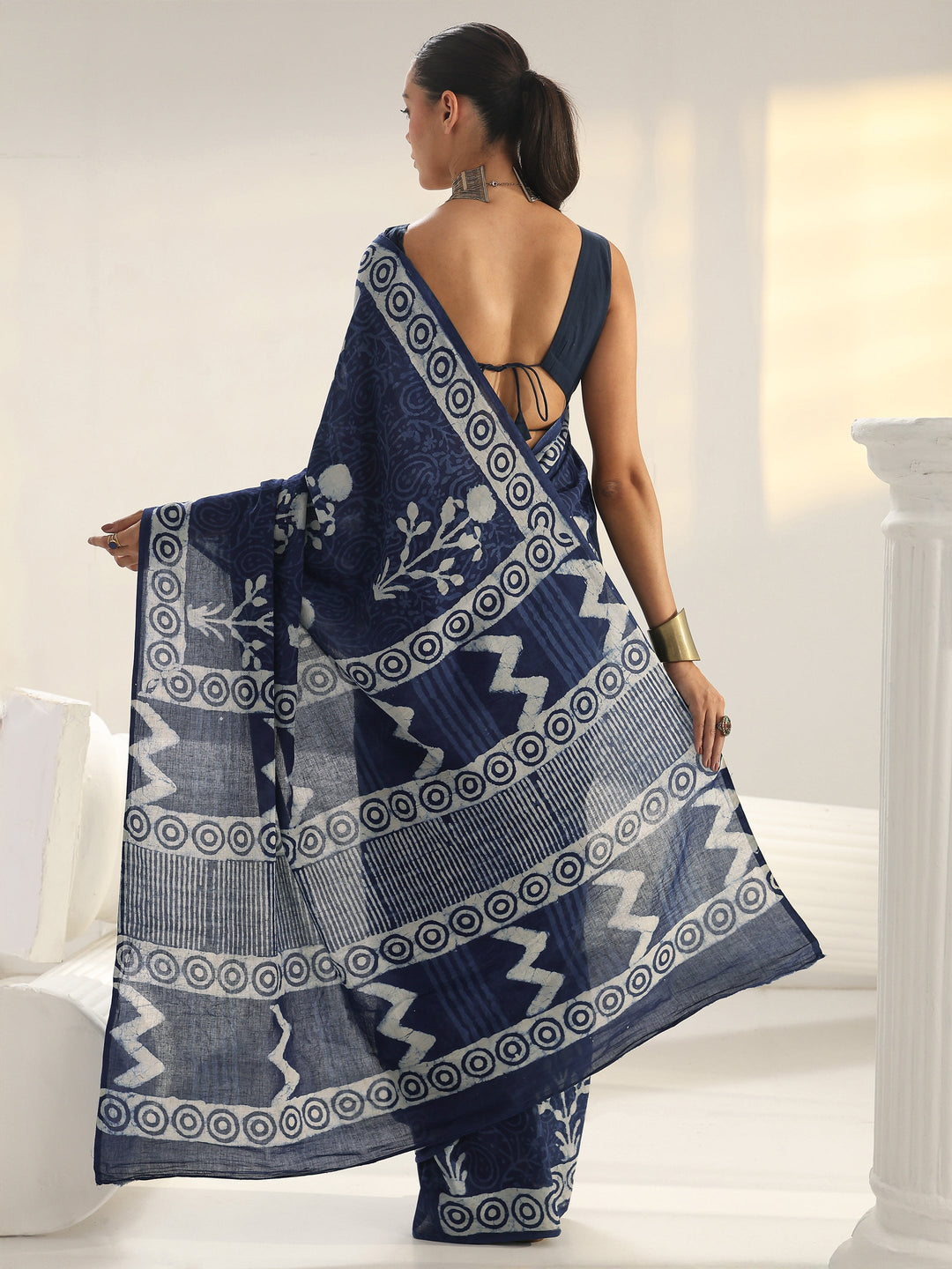 Indigo Floral Printed Cotton Saree