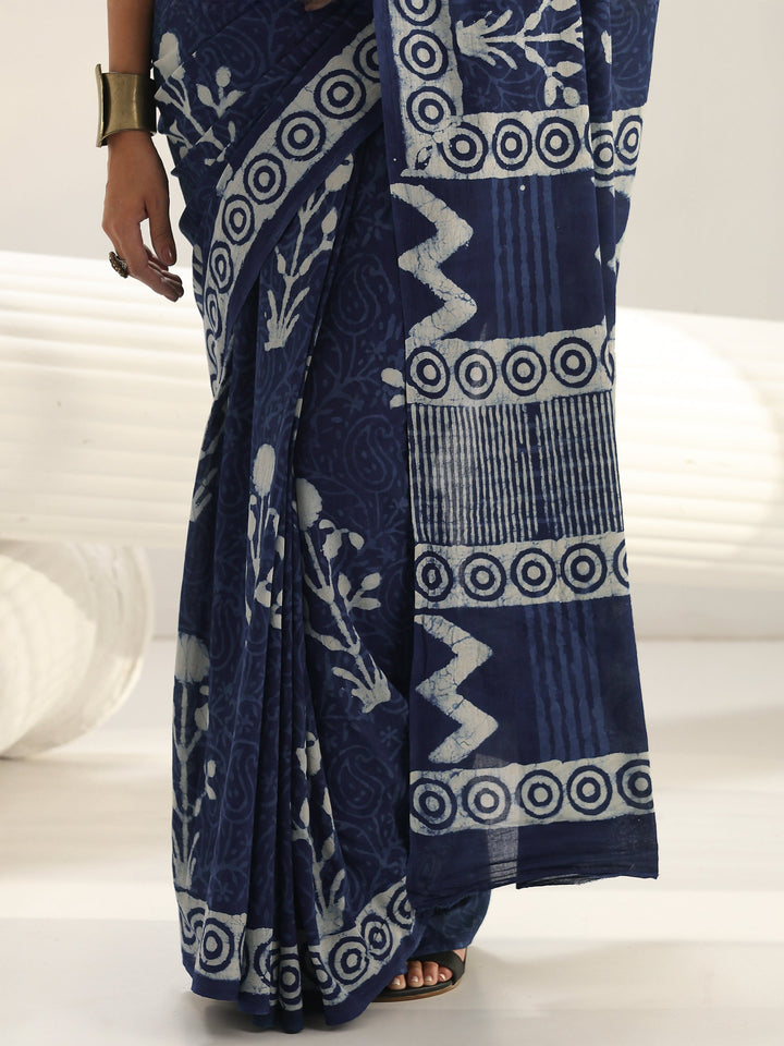 Indigo Floral Printed Cotton Saree