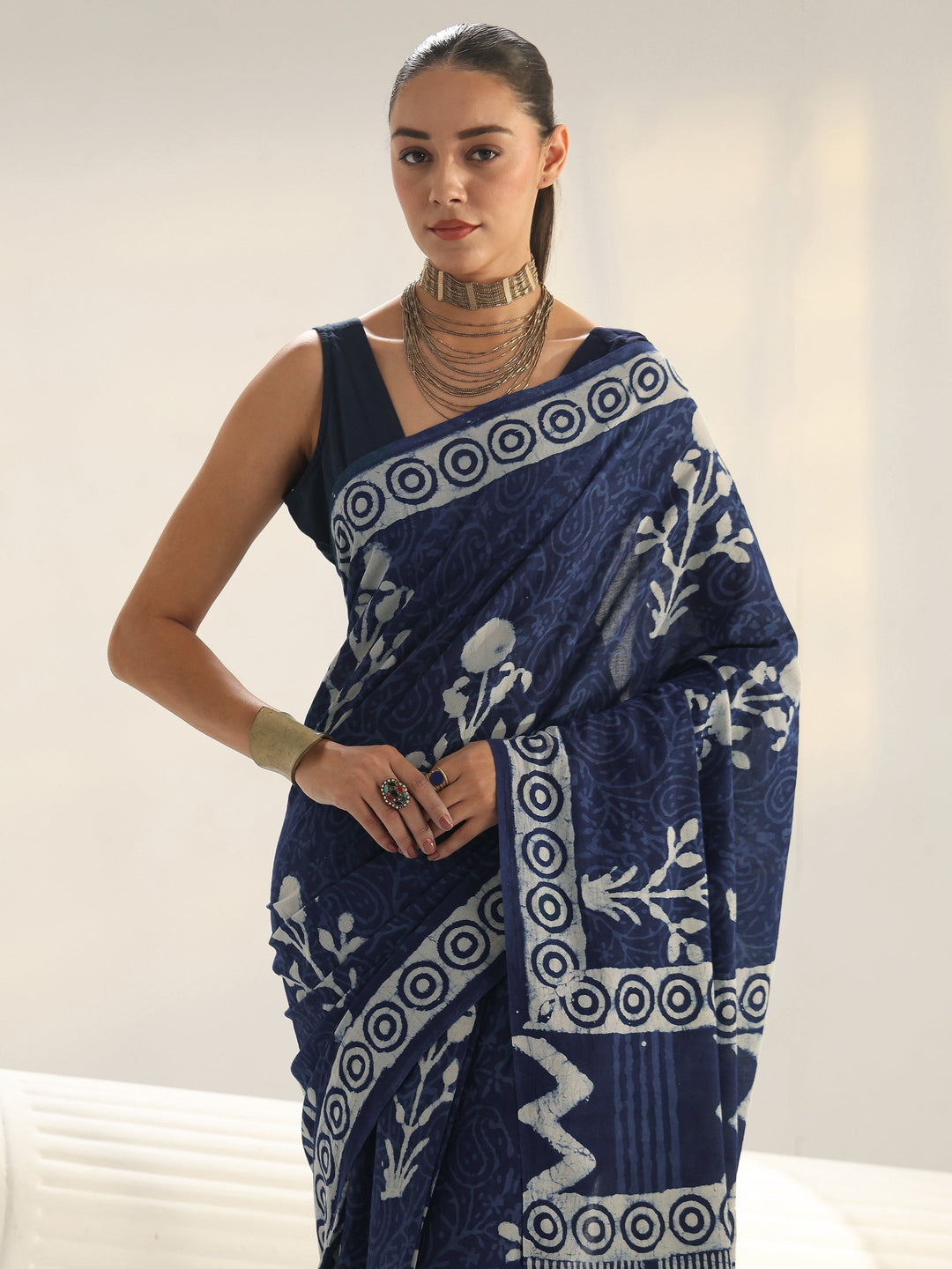Indigo Floral Printed Cotton Saree