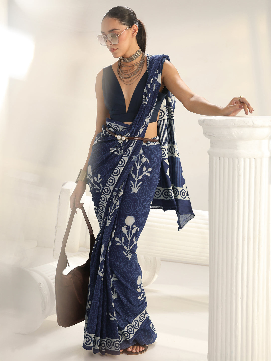 Indigo Floral Printed Cotton Saree