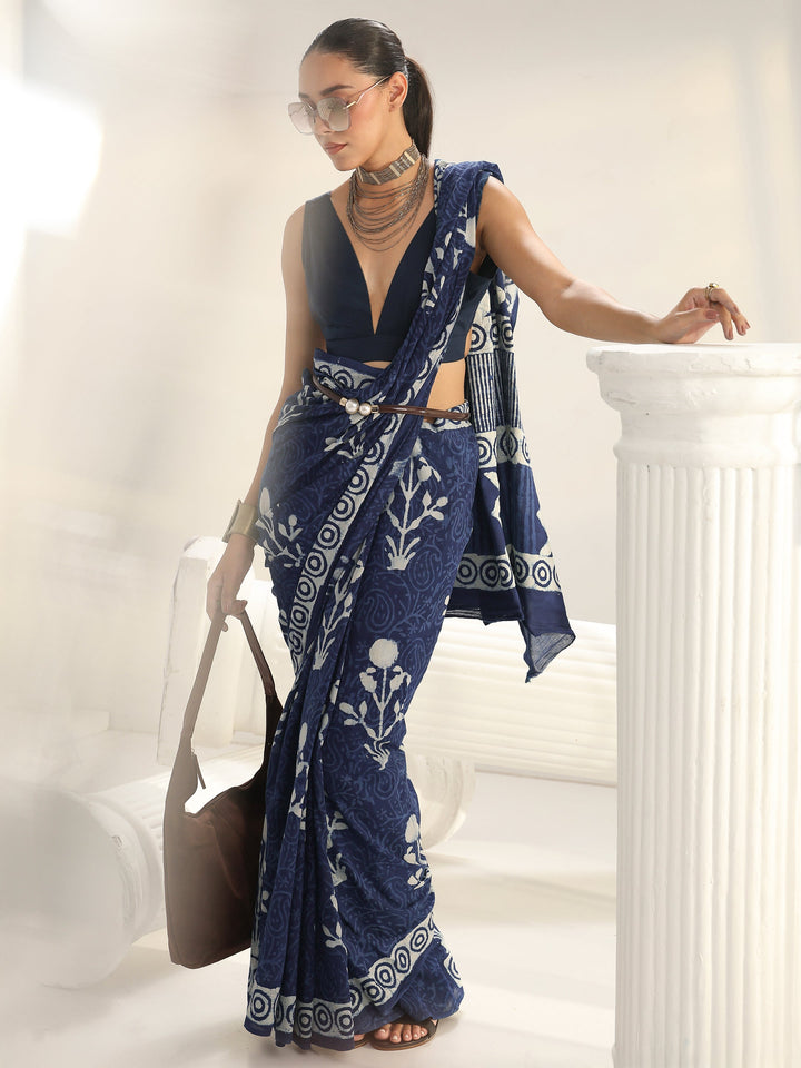 Indigo Floral Printed Cotton Saree