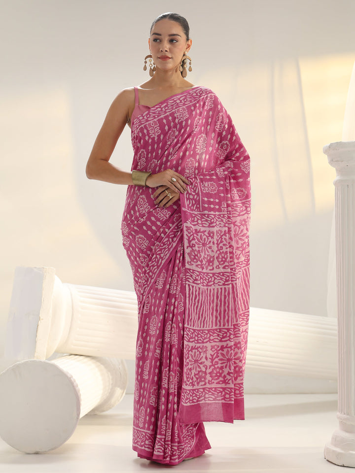 Pink Batik Printed Cotton Saree