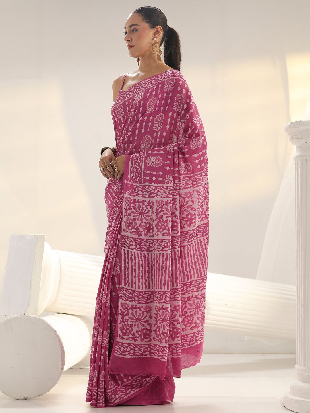 Pink Batik Printed Cotton Saree