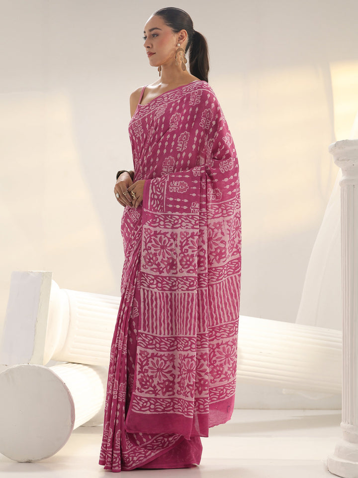 Pink Batik Printed Cotton Saree