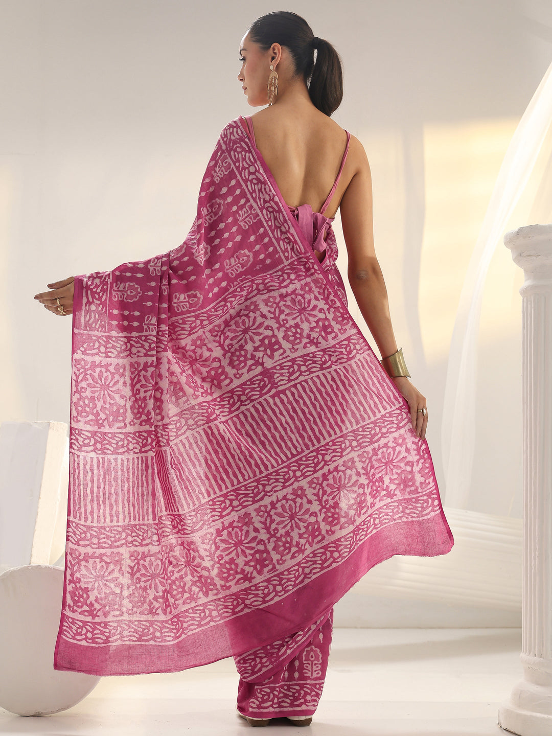 Pink Batik Printed Cotton Saree