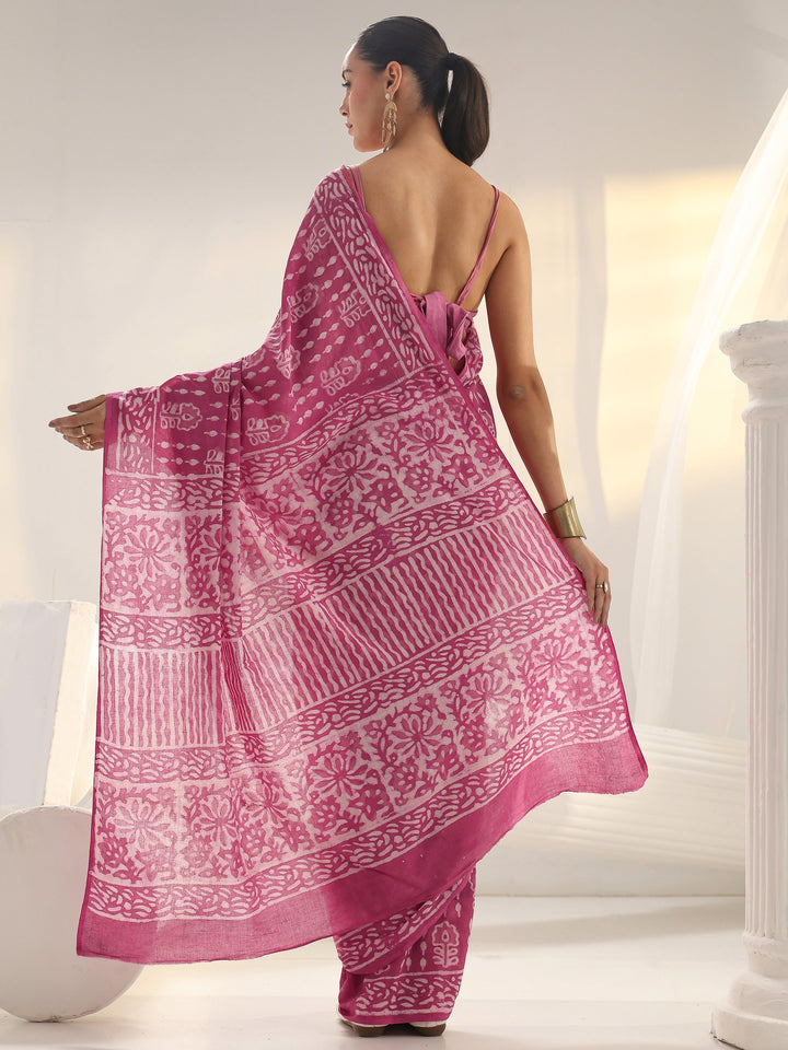 Pink Batik Printed Cotton Saree