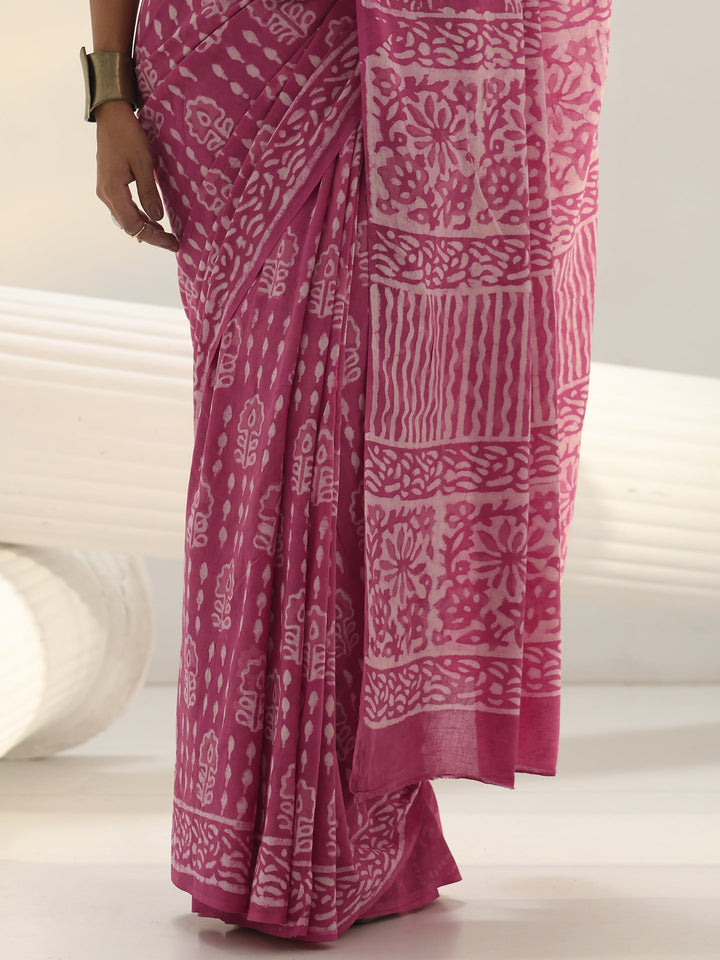 Pink Batik Printed Cotton Saree