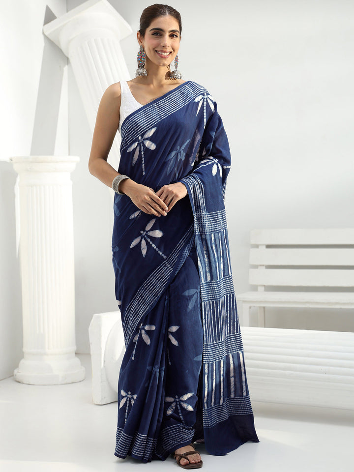 Indigo Quirky Printed Cotton Saree