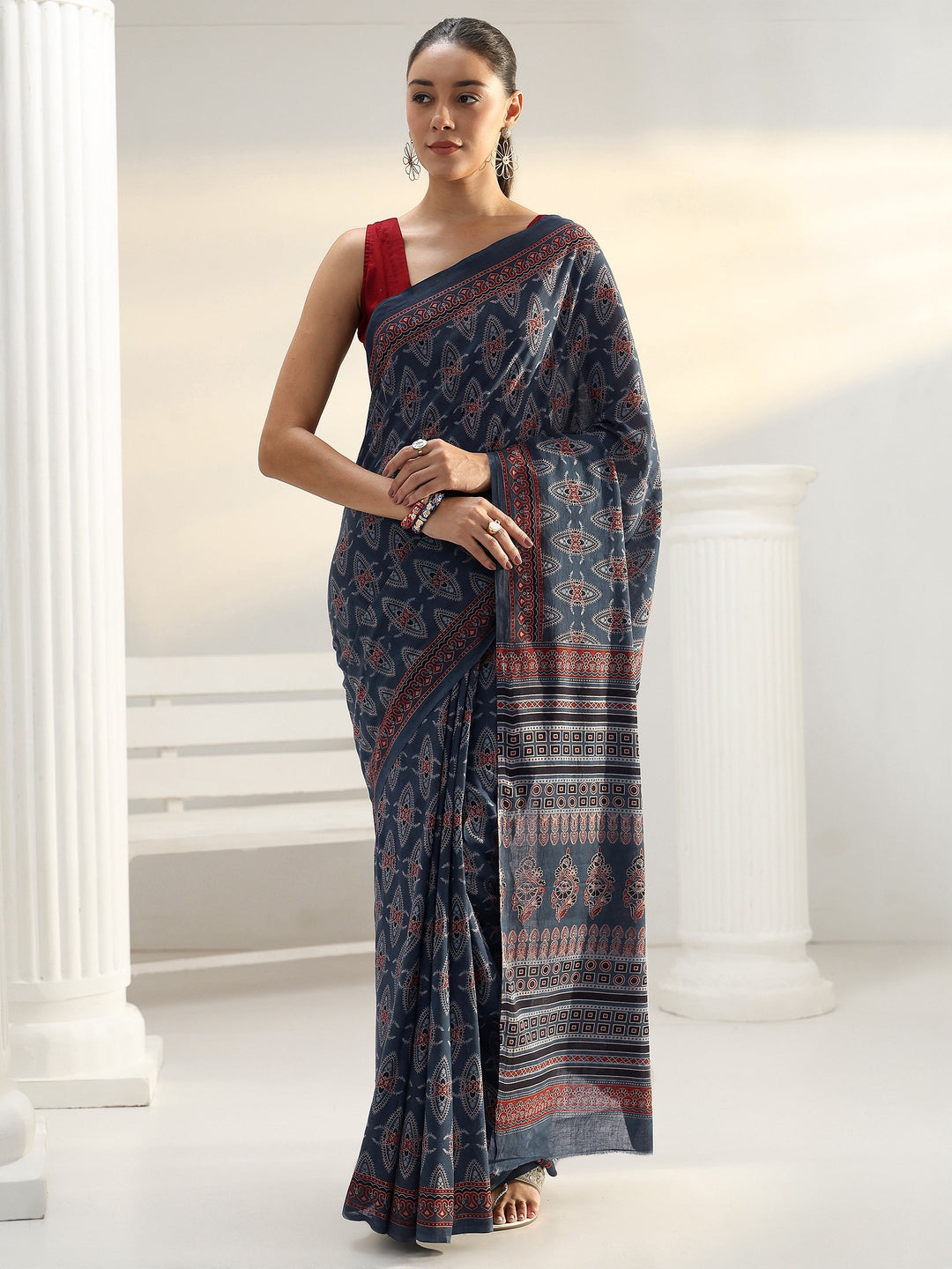 Blue Ajrakh Print Cotton Saree