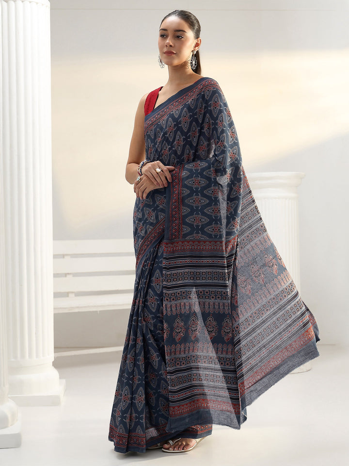 Blue Ajrakh Print Cotton Saree