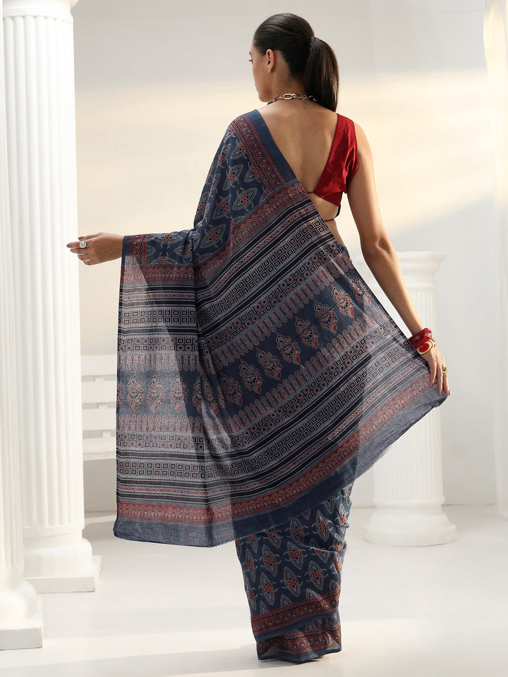 Blue Ajrakh Print Cotton Saree