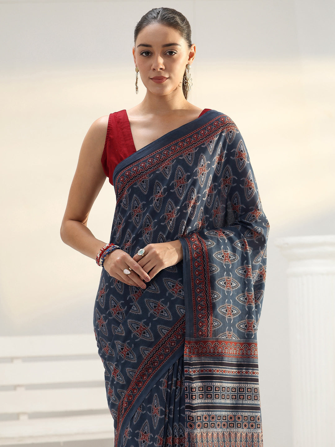 Blue Ajrakh Print Cotton Saree