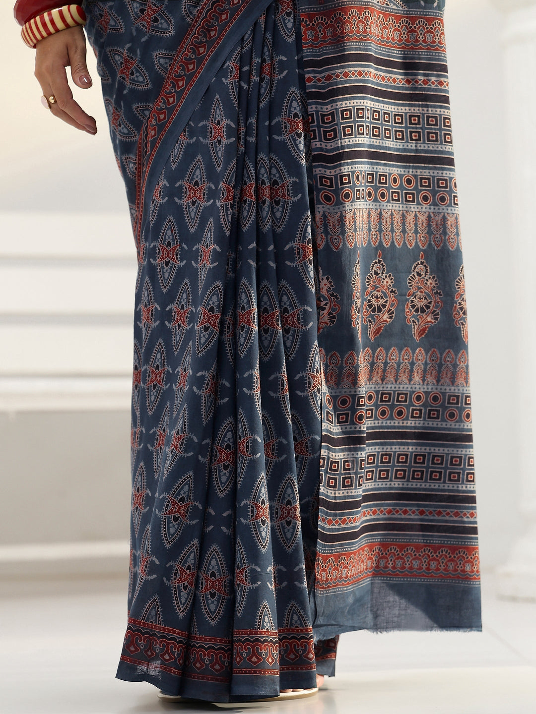 Blue Ajrakh Print Cotton Saree