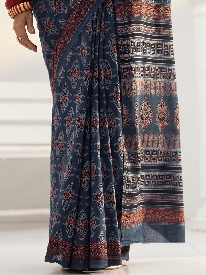 Blue Ajrakh Print Cotton Saree