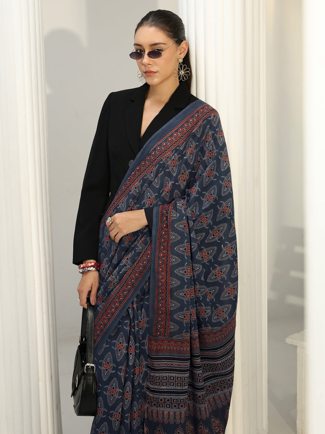 Blue Ajrakh Print Cotton Saree