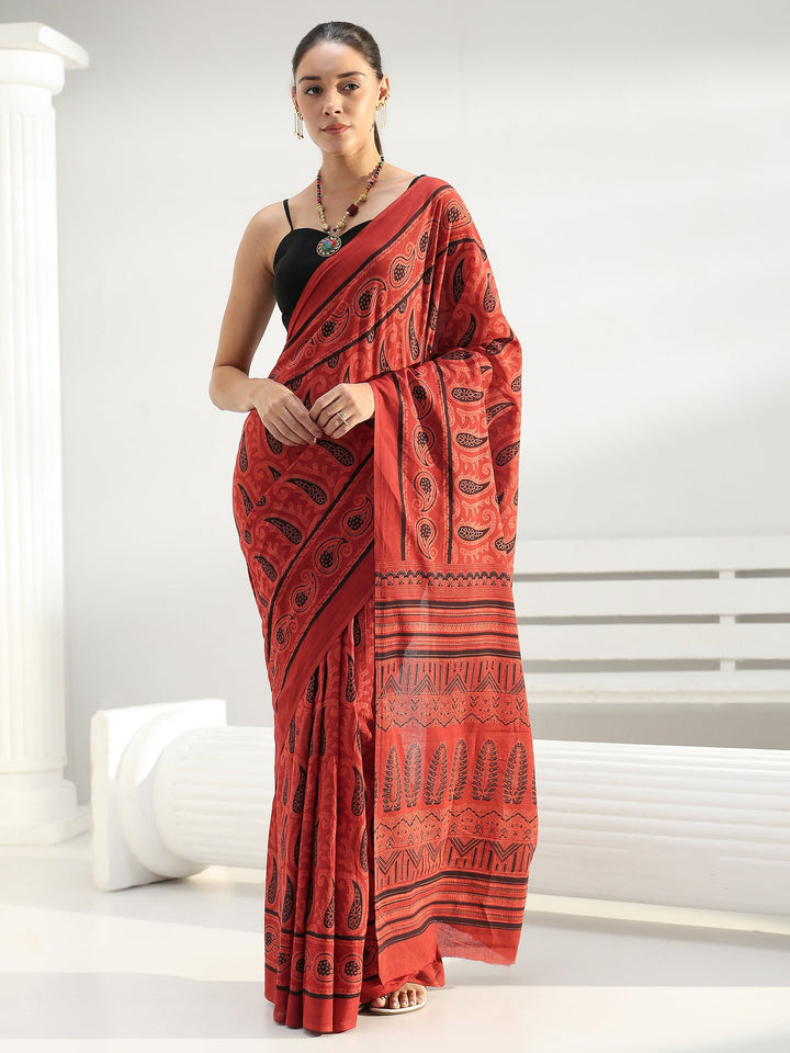 Terracotta Red Paisley Dabu Print Cotton Saree