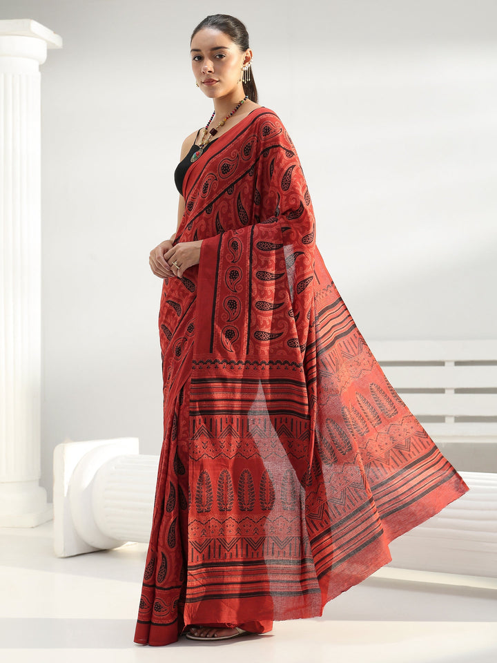 Terracotta Red Paisley Dabu Print Cotton Saree