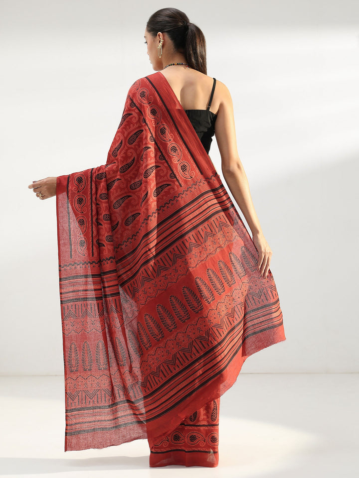 Terracotta Red Paisley Dabu Print Cotton Saree