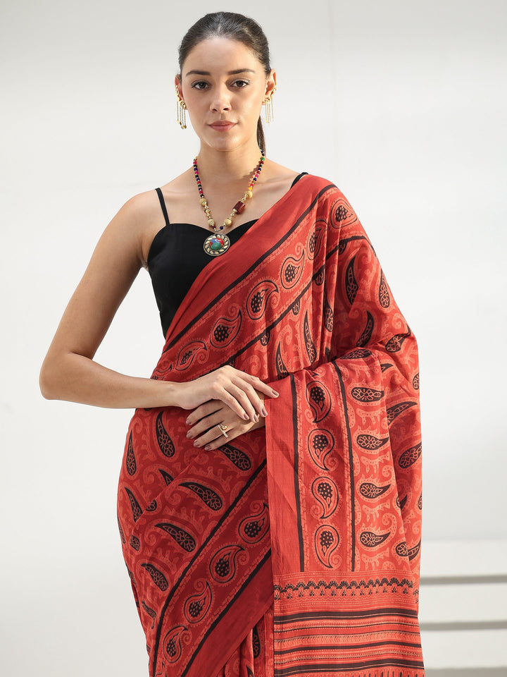 Terracotta Red Paisley Dabu Print Cotton Saree