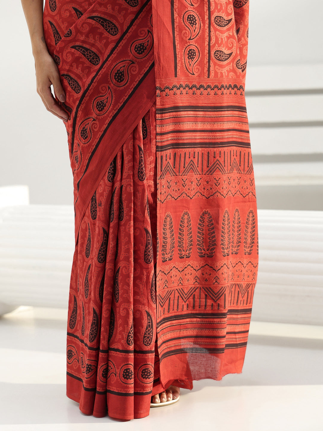 Terracotta Red Paisley Dabu Print Cotton Saree