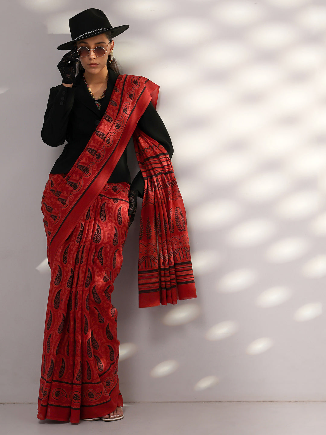 Terracotta Red Paisley Dabu Print Cotton Saree