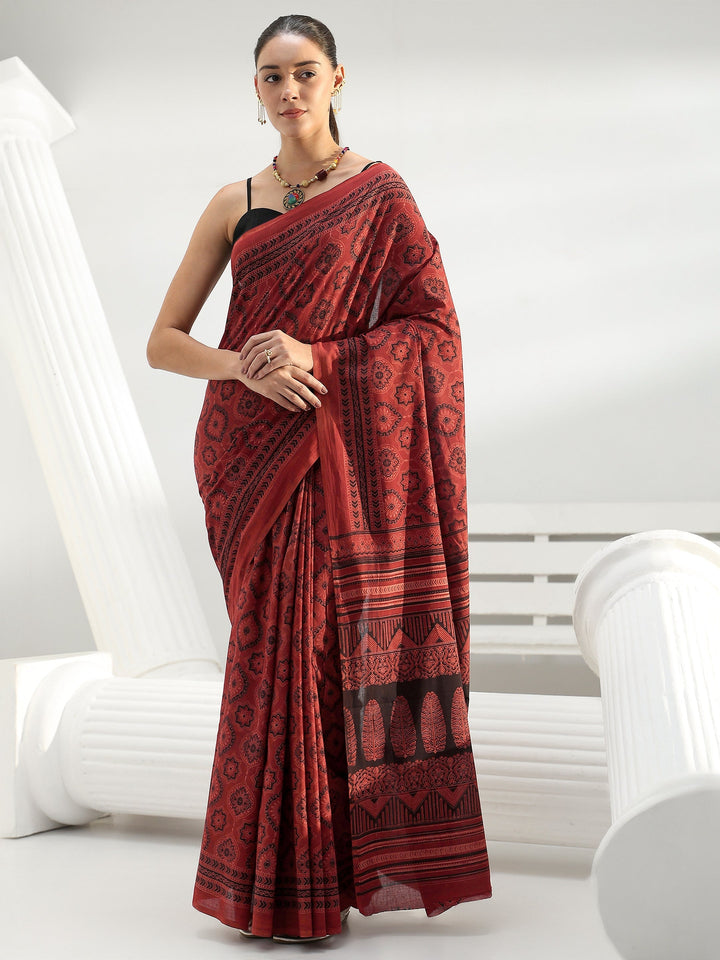 Brick Red Ethnic Bagru Print Cotton Saree