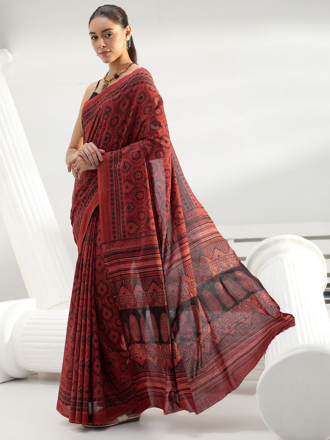 Brick Red Ethnic Bagru Print Cotton Saree