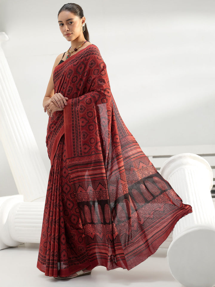 Brick Red Ethnic Bagru Print Cotton Saree