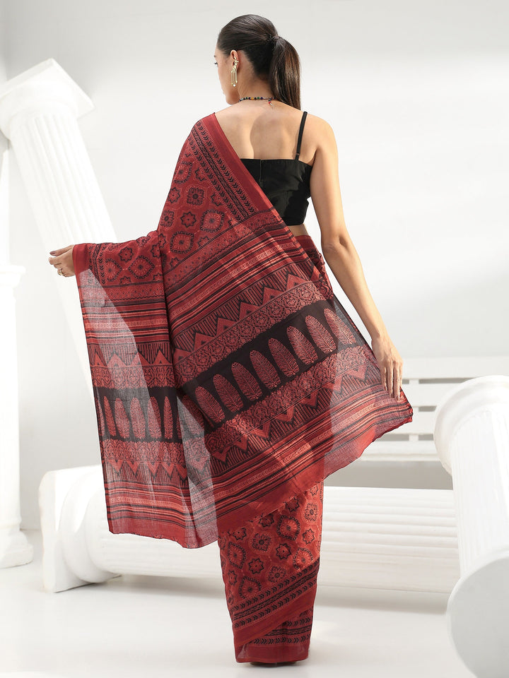 Brick Red Ethnic Bagru Print Cotton Saree